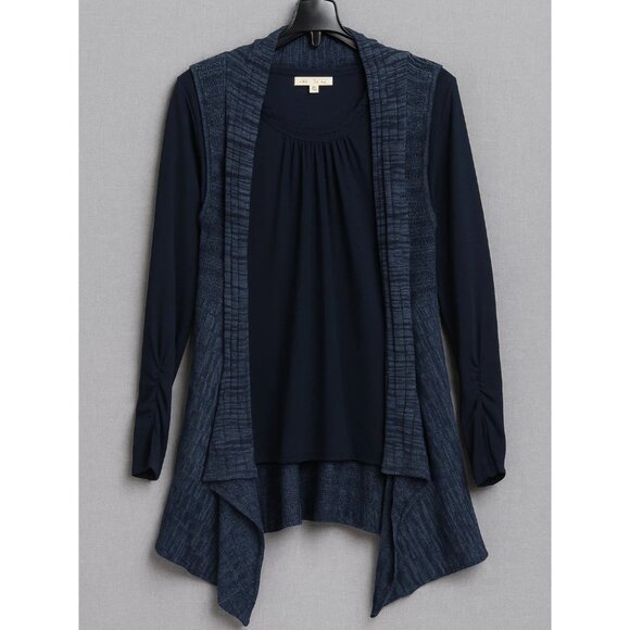 Carolyn Taylor XL Womens Cardigan Blue Knit Sweater Twofer Waterfall Crochet Top - Picture 1 of 8
